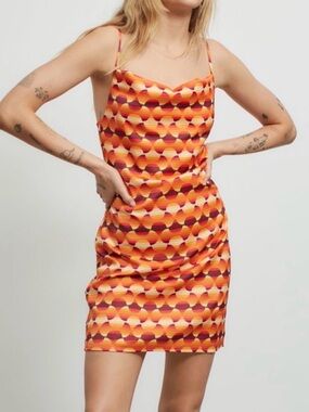 Urban Outfitters Orange Retro Print Cowl Neck Mini Dress NWT S Y2K